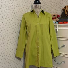 Hip Pockets Hemline Side Slits 3 Button Cuffs 97% Cotton 3% Spandex Length Approximately 31.5” Color: Chartreuse Machine Wash Green Blouse With Button Cuffs And Spread Collar, Green Blouse With Button Cuffs For Daywear, Classic Green Blouse For Daywear, Green Button-up Office Shirt, Stretch Button-up Shirt, Green Blouse With Button Closure And Spread Collar, Green Button Closure Shirt For Daywear, Stretch Shirt With Button Closure For Spring, Green Shirt With Button Cuffs For Daywear