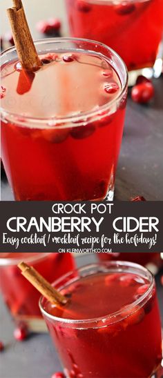 cranberry cider cocktail with cinnamon stick garnish in it and text overlay