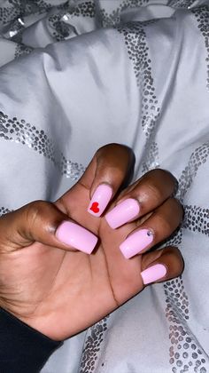 Nude And Red Valentines Nails, Pink And White Valentines Nails, Pink Nails Red Heart, Heart On Nails, Valentines Day Nails Acrylic Square, Light Pink Valentines Nails, Pink And Red Valentine Nails, Pink Nails Valentine's Day, Square Valentine Nails