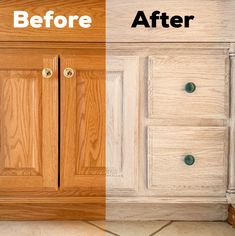 the before and after of a kitchen cabinet makeover