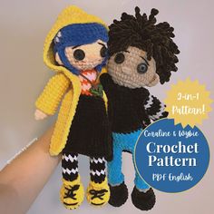 two crocheted dolls are posed next to each other