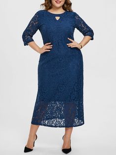 Plus Size Floral Lace Keyhole Maxi Dress - Blue - 4E77356622 - Women's Clothing, Plus Size Women's Clothing  #PlusSizeWomensClothing #Women's #Clothing # #Plus #Size #Women's #Clothing Plus Size Lace Dress, Plus Size Casual Dress, Dress Sleeve Length, Surplice Dress, Fall Winter Dresses, Keyhole Dress, Ankle Length Dress, Maxi Dress Prom, Floral Lace Dress