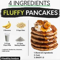 four ingredients for fluffy pancakes are shown in this poster, which includes bananas, oatmeal, and flavy