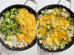 two pictures of chicken and broccoli in a skillet with cheese on top