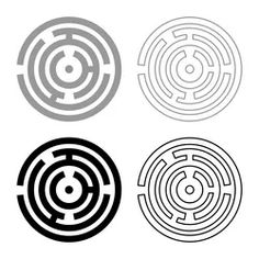 four circular mazes are shown in black and white