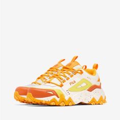 Fila Oakmount Trainer Women’s Low Top Orange Sneakers/Sz:11/Nwt Brand New With Tags! Size:Us:11/Eur:42.5 Color: Orange/White/Yellow Material: Leather/Fabric Upper If You Have Any Questions Please Let Me Know Via Message! Happy Shopping! White Chunky Sneakers With Studded Outsoles For Sports, White Sporty Chunky Sneakers With Speckled Midsole, White Chunky Lace-up Sneakers With Studded Outsoles, Black And Gold Sneakers, Shoes Fila, Fila Sneakers, Sneakers Multicolor, Rainbow Sneakers, Water Shoes Women