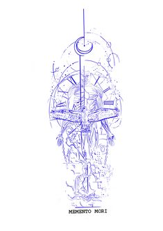 a blue ink drawing of a person holding a clock and the words mermeto mort on it