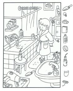 a black and white drawing of a child in the bathroom