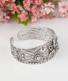 Handmade Silver Cuff Bracelet, 925 Sterling Silver Handmade Artisan Crafted Filigree Cuff Bracelet, Valentine's Day Gift, Jewelry Gift Boxed for Her Material: 925 Solid Sterling Silver Cuff Bracelet Weight: 27.3 grams for Petite/Small and 30.5 grams for Medium/Large S/P Size: Adjustable to fit wrists 5 inches to 6.5 inches M/L Size: Adjustable to fit wrists 6.5 inches to 8.5 inches Width: Graduated from 1 inches to 0.50 inches Comes with a gift pouch and box Free Domestic Shipping This Artisan C Filigree Metal Cuff Bracelet Gift, Ornate Silver Cuff Bracelet, Ornate Handmade Sterling Silver Cuff Bracelet, Antique Silver Filigree Cuff Bracelet, Ornate Sterling Silver Filigree Cuff Bracelet, Filigree Jewelry, Sterling Silver Cuff Bracelet, Flower Center, Gift Pouch