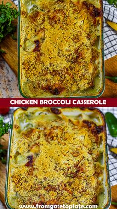 chicken broccoli casserole is shown in two separate pans