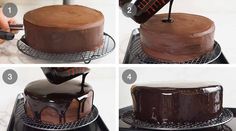 four photos showing how to decorate a chocolate cake with icing on the top and bottom