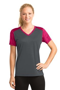 Shop Sport-Tek LST371 in Iron Gray / Pink Ra & get instant bulk discounts. This is 100% Polyester Women T-Shirt | Ships Fast | Award-Winning Customer Service. Pink Raspberry, Womens Camo, Embroidered Clothes, Selling Clothes, Women T Shirt, V Neck Tee, V Neck Tops, Shoulder Sleeve, Custom Clothes