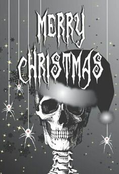 a skeleton wearing a santa hat with the words merry christmas on it