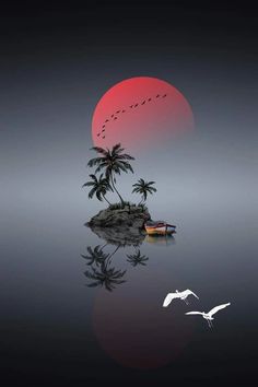 an island with palm trees and birds flying in front of a red sun over the ocean