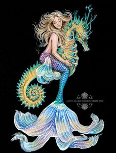 a painting of a mermaid holding a sea horse