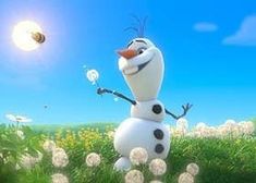 a cartoon character standing in the middle of a field with dandelions flying around