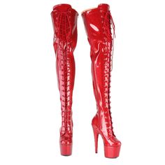 Brand New In Original Box - Pleaser Brand Red Glitter Patent 7" (178mm) Heel, 2 3/4" (70mm) Platform Lace-Up Front Thigh High Boots Fully Wrapped Platform Bottom Full-Length Inner Side Zip Closure Red High Heel Platform Boots For Party, Red Platform Boots With Red Sole For Party, Red High Heel Boots For Club, Red Platform Boots For Party, Glamorous Red Boots For Night Out, Red Glamorous Boots, Glamorous Red Boots, Glamorous Red Fitted Boots, Pleaser Boots