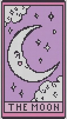 a cross stitch pattern with the moon and stars on it in pink, purple and white