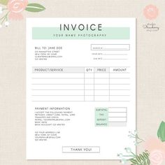 an invoice form with flowers and leaves on the bottom, next to it