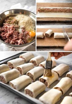 the process of making stuffed meat rolls is shown