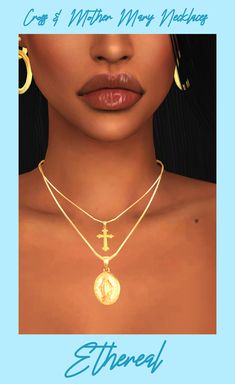 a woman wearing gold necklaces and earrings with an image of a cross on it