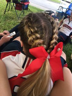 Two dutch braids meet into a pony tail Braided Cheer Hair, Cute Cheer Hairstyles With Bow, Cute Cheer Hairstyles, Cheer Ponytail, Tail Hairstyle, Run Club, Gymnastics Hair