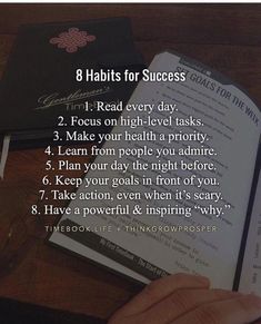 a person reading a book with the text 8 habitts for success