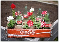 an old coca - cola crate is filled with flowers and coke bottles for planters