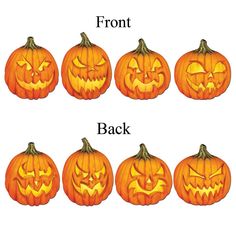 pumpkins with faces carved into them and the words front, back, and top