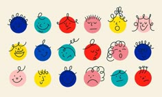 an image of cartoon faces with different colors and shapes on them, all drawn by hand