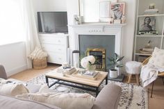 a living room filled with furniture and a fire place in front of a tv mounted on a wall