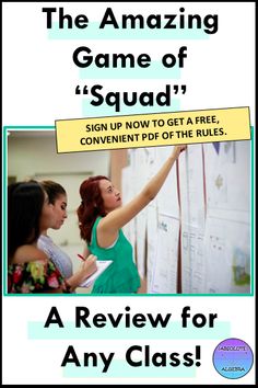 an advertisement for the amazing game of squad, with two girls looking at sticky notes