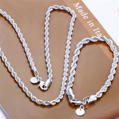 Elegant twisted style sterling silver necklace and bracelet set. Weight: 23g Tiffany Jewelry, Mens Jewelry Necklace, Silver Jewellery Sets, Fashion Jewelry Sets, Rope Necklace, 925 Silver Jewelry, Mens Jewelry Bracelet, Chains For Men, Jewelry Party