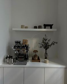 a coffee machine sitting on top of a white shelf next to a potted plant