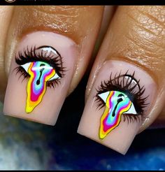 Trippy Nail Designs Acrylic, Psycodelic Nail Art, Nail Crazy Design, Eyes Nails Design, Trippy Nail Ideas, Mouth Nail Art, Hippy Nail, Mushroom Acrylic Nails, Chakra Nail Art