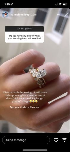 someone is holding their engagement ring with the message do you have any idea what your wedding band will look like?