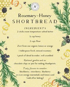 rosemary - honey shortbread recipe on a yellow background with berries and honeycombs