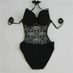 Fashion Women Hollow Gauze One Piece Swimswear Bathing Summer One Pieces With Built-in Bra And Stretch, Nylon Bodysuit With Built-in Bra For Vacation, Underwire Bodysuit With Built-in Bra For Vacation, Summer Beachwear Bodysuit With Built-in Bra, Black Underwire Bodysuit For Beachwear, Summer Halter Neck Bodysuit With Built-in Bra, Black Summer Nylon Bodysuit, Black Nylon One-piece With Lined Body, Black Nylon Summer Bodysuit