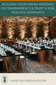 an outdoor event with tables and chairs set up for a wedding reception, surrounded by string lights