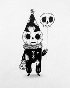 a black and white drawing of a skeleton holding a balloon with a skull on it