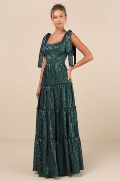 Green Jacquard Dress - Tiered Maxi Dress - Tie-Strap Maxi Dress - Lulus Green Wedding Guest Dresses, Fall Formal Dresses, Winter Bridesmaid Dresses, Beach Bridesmaid Dresses, Gala Dress, Casual Formal Dresses, Maxi Skirt Dress, Square Neck Dress, Casual Wedding Dress