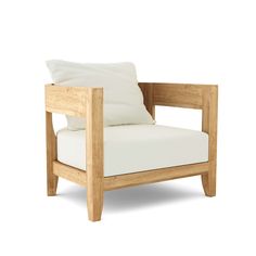 a wooden chair with white pillows on it