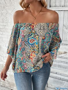 Orcajump - Paisley Print Off Shoulder Blouse, Ethnic Flare Sleeve Blouse For Spring & Summer, Women's Clothing Non-stretch Printed Tops For Vacation, Printed Non-stretch Tops For Vacation, Casual Printed Peasant Top For Festivals, Boho Print Long Sleeve Beach Top, Flowy Casual Tops With Boho Print, Casual Flowy Tops With Boho Print, Long Sleeve Boho Print Top For Beach, Flowy Boho Print Casual Tops, Multicolor Printed Tops For Festival