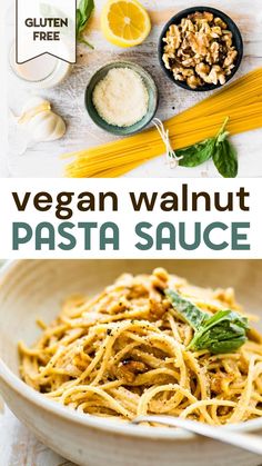 vegan walnut pasta sauce in a white bowl with lemons, parmesan and basil on the side