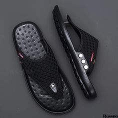 Russoo - Mens Non-slip Comfort Outdoor Sandals: Rubber Sole & Fabric Uppers Flip Flops, Ideal for Summer Casual Wear Black Round Toe Slip-ons For Beach, Black Slip-on Flip Flops For Leisure, Black Synthetic Slip-ons For Summer, Black Open Toe Slip-ons For Summer, Black Cushioned Slip-ons For Summer, Black Casual Breathable Slippers, Casual Black Breathable Slippers, Beach Slip-ons With Non-slip Sole, Beach Slip-ons With Non-slip Round Toe