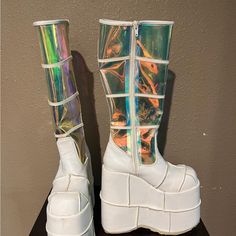 Get Your Festival And Rave Boots. Stylish And Extremely Comfortable. White Knee-high Party Boots, White Synthetic Boots For Party, White Synthetic Party Boots, White Fitted Summer Boots, Fitted White Boots For Summer, Fitted White Summer Boots, White Platform Boots For Party, Rave Boots, Blue Platform Heels