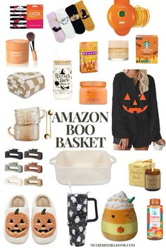 a collage of pumpkin themed items and the words amazon boo basket written in black