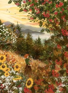 a painting of a boy standing in the middle of a field surrounded by flowers and trees