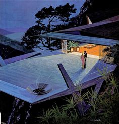 an artist's rendering of a futuristic house in the mountains at night, with a person standing outside