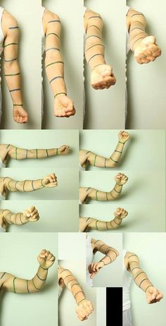 multiple images of the legs and arms of a person with bandages on their hands